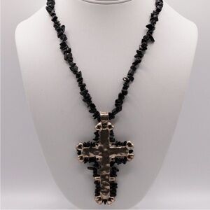 Large Polished Silver Tone Cross Pendant with Black Onyx Chips